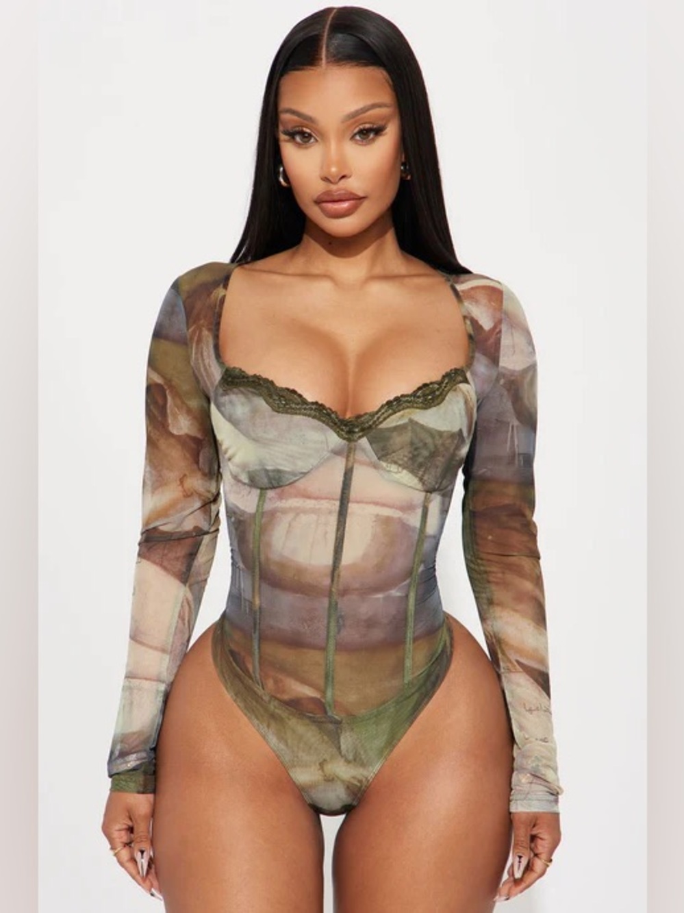 Fashion Nova Olive Green Multi Print Long Sleeve Bodysuit